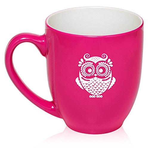 16 oz Hot Pink Large Bistro Mug Ceramic Coffee Tea Glass Cup Owl Vintage