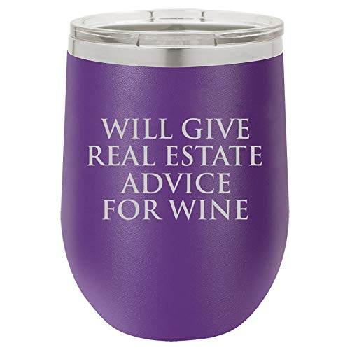 12 oz Double Wall Vacuum Insulated Stainless Steel Stemless Wine Tumbler Glass Coffee Travel Mug With Lid Will Give Real Estate Advice For Wine Funny Realtor Real Estate Agent Broker (Purple)
