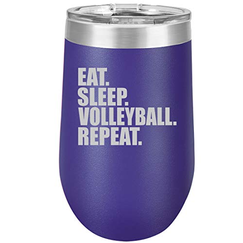16 oz Double Wall Vacuum Insulated Stainless Steel Stemless Wine Tumbler Glass Coffee Travel Mug With Lid Eat Sleep Volleyball Repeat (Purple)