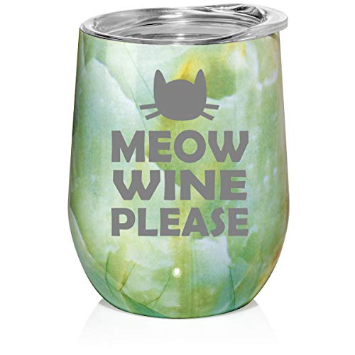 12 oz Double Wall Vacuum Insulated Stainless Steel Marble Stemless Wine Tumbler Glass Coffee Travel Mug With Lid Meow Wine Please More Wine Funny Cat (Turquoise Green Marble)