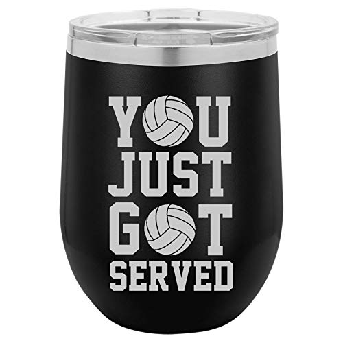 12 oz Double Wall Vacuum Insulated Stainless Steel Stemless Wine Tumbler Glass Coffee Travel Mug With Lid You Just Got Served Volleyball (Black)