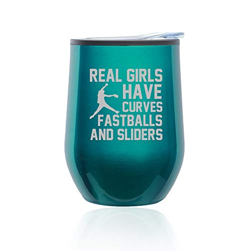 Stemless Wine Tumbler Coffee Travel Mug Glass With Lid Real Girls Curves Softball (Turquoise Teal)