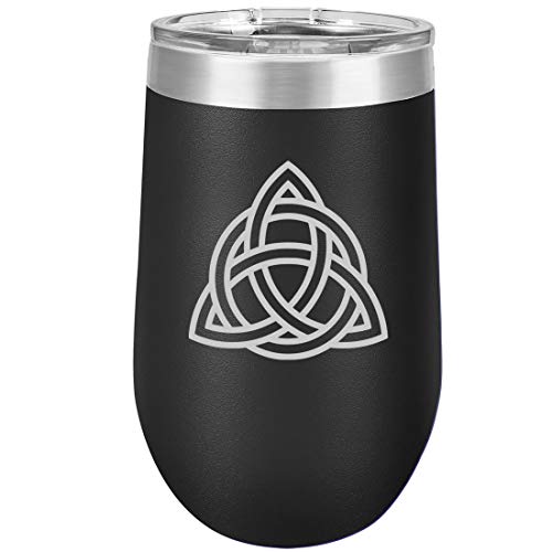 16 oz Double Wall Vacuum Insulated Stainless Steel Stemless Wine Tumbler Glass Coffee Travel Mug With Lid Triquetra Symbol Celtic Knot (Black)
