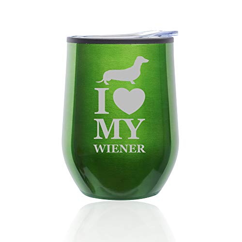 Stemless Wine Tumbler Coffee Travel Mug Glass With Lid I Love My Wiener Dachshund (Green)