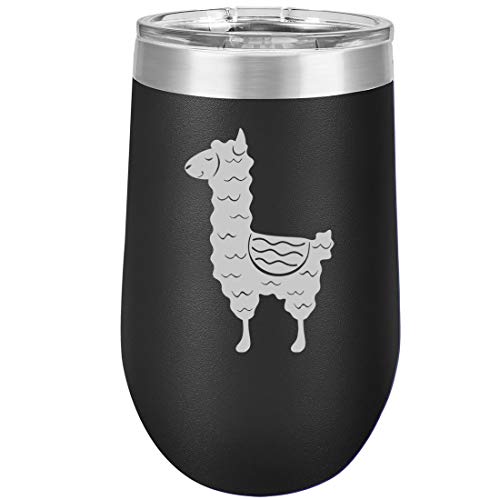 16 oz Double Wall Vacuum Insulated Stainless Steel Stemless Wine Tumbler Glass Coffee Travel Mug With Lid Cute Llama (Black)