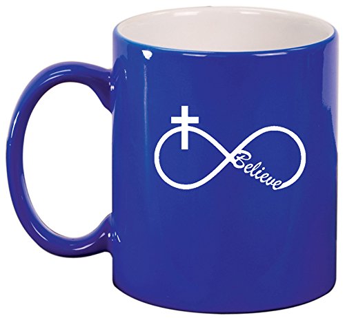 Ceramic Coffee Tea Mug Cup Infinity Believe Cross Christian (Blue)