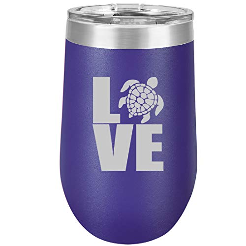 16 oz Double Wall Vacuum Insulated Stainless Steel Stemless Wine Tumbler Glass Coffee Travel Mug With Lid LOVE Sea Turtle (Purple)