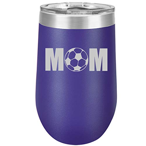 16 oz Double Wall Vacuum Insulated Stainless Steel Stemless Wine Tumbler Glass Coffee Travel Mug With Lid MOM Soccer (Purple)