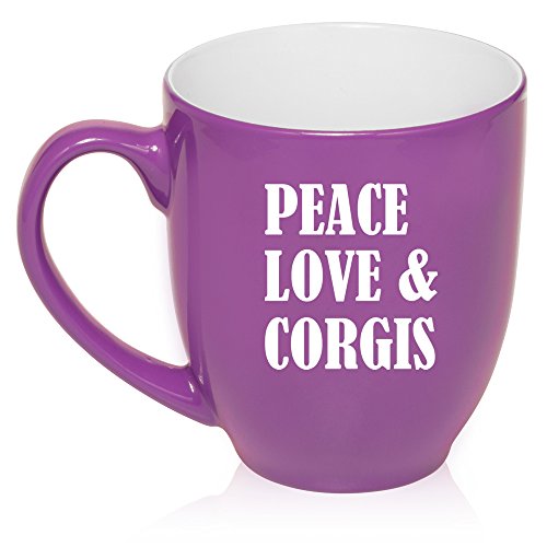 16 oz Large Bistro Mug Ceramic Coffee Tea Glass Cup Peace Love & Corgis (Purple)