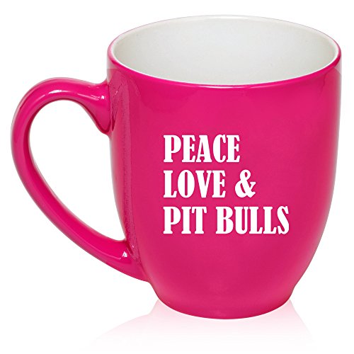 16 oz Large Bistro Mug Ceramic Coffee Tea Glass Cup Peace Love & Pit Bulls (Hot Pink)