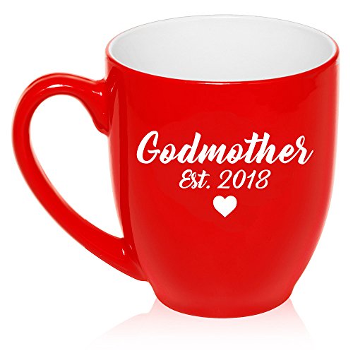 16 oz Large Bistro Mug Ceramic Coffee Tea Glass Cup Godmother Est 2018 Christening Baptism (Red)