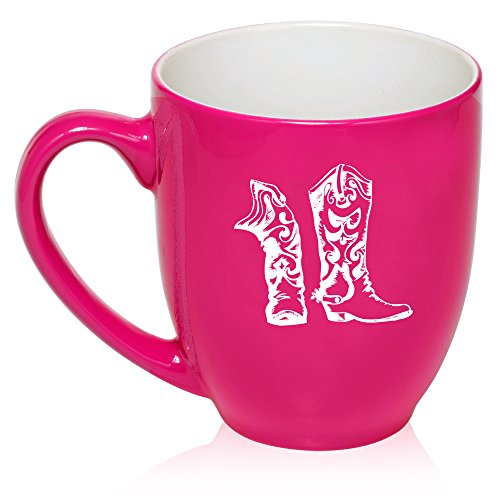 16 oz Large Bistro Mug Ceramic Coffee Tea Glass Cup Cowboy Cowgirl Boots (Hot Pink)