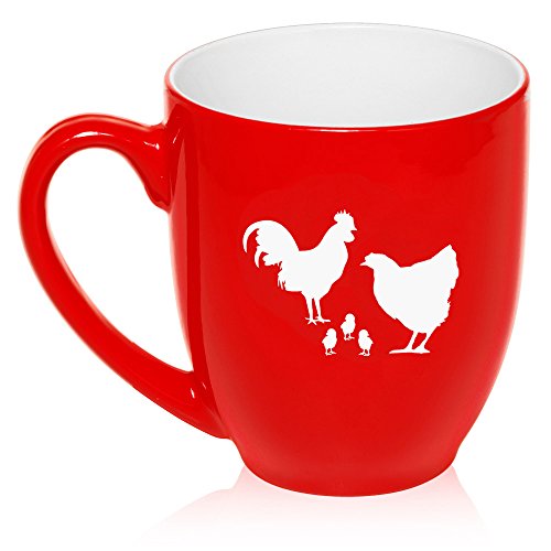 16 oz Large Bistro Mug Ceramic Coffee Tea Glass Cup Chicken Family (Red)