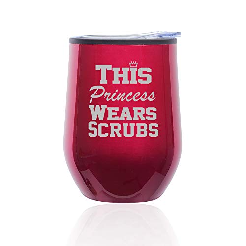 Stemless Wine Tumbler Coffee Travel Mug Glass With Lid This Princess Wears Scrubs Nurse (Fuchsia)