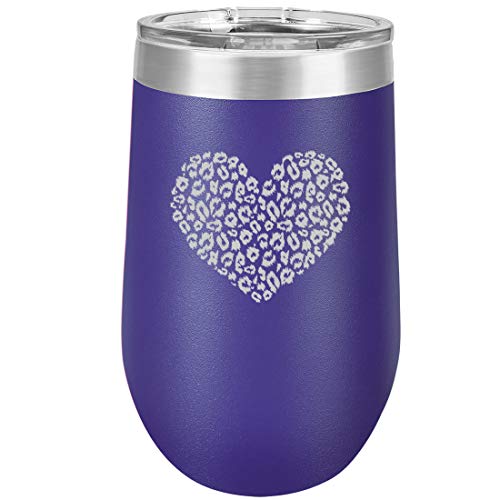 16 oz Double Wall Vacuum Insulated Stainless Steel Stemless Wine Tumbler Glass Coffee Travel Mug With Lid Leopard Print Love Heart (Purple)