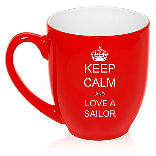 16 oz Large Bistro Mug Ceramic Coffee Tea Glass Cup Keep Calm and Love a Sailor (Red)