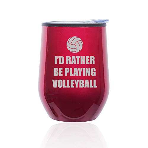 Stemless Wine Tumbler Coffee Travel Mug Glass With Lid I'd Rather Be Playing Volleyball (Fuchsia)