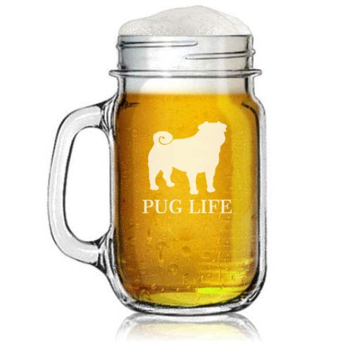 16oz Mason Jar Glass Mug w/Handle Pug Life