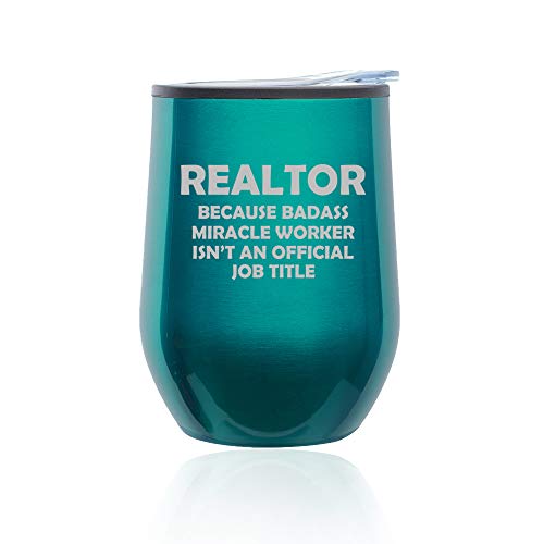 Stemless Wine Tumbler Coffee Travel Mug Glass With Lid Realtor Real Estate Agent Broker Miracle Worker Job Title Funny (Turquoise Teal)