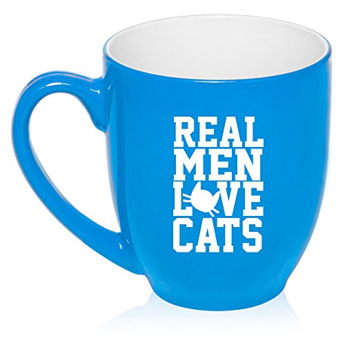 16 oz Large Bistro Mug Ceramic Coffee Tea Glass Cup Real Men Love Cats (Light Blue)