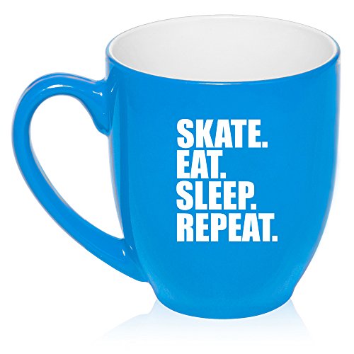 16 oz Large Bistro Mug Ceramic Coffee Tea Glass Cup Skate Eat Sleep Repeat Ice Roller Skateboard (Light Blue)