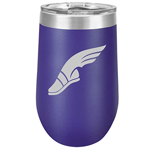 16 oz Double Wall Vacuum Insulated Stainless Steel Stemless Wine Tumbler Glass Coffee Travel Mug With Lid Track & Field Wing Shoe (Purple)