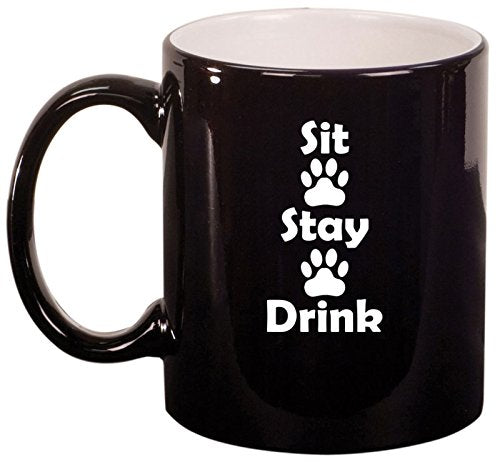 Ceramic Coffee Tea Mug Cup Sit Stay Drink Funny Paw Prints Dog Cat Animal Lover (Black)