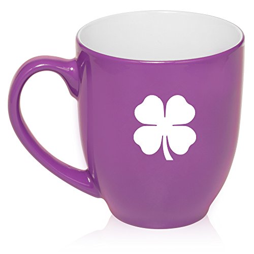 16 oz Large Bistro Mug Ceramic Coffee Tea Glass Cup Four Leaf Clover Shamrock (Purple)