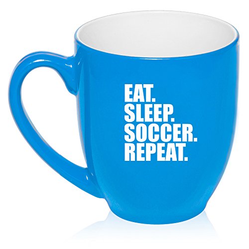 16 oz Large Bistro Mug Ceramic Coffee Tea Glass Cup Eat Sleep Soccer Repeat (Light Blue)