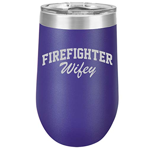 16 oz Double Wall Vacuum Insulated Stainless Steel Stemless Wine Tumbler Glass Coffee Travel Mug With Lid Firefighter Wifey (Purple)