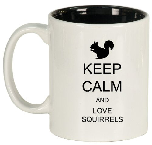White Ceramic Coffee Tea Mug Keep Calm and Love Squirrels