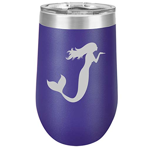 16 oz Double Wall Vacuum Insulated Stainless Steel Stemless Wine Tumbler Glass Coffee Travel Mug With Lid Mermaid (Purple)