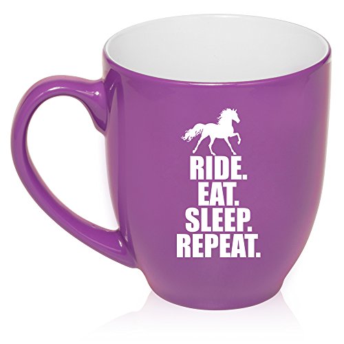 16 oz Large Bistro Mug Ceramic Coffee Tea Glass Cup Horse Ride Eat Sleep Repeat (Purple)