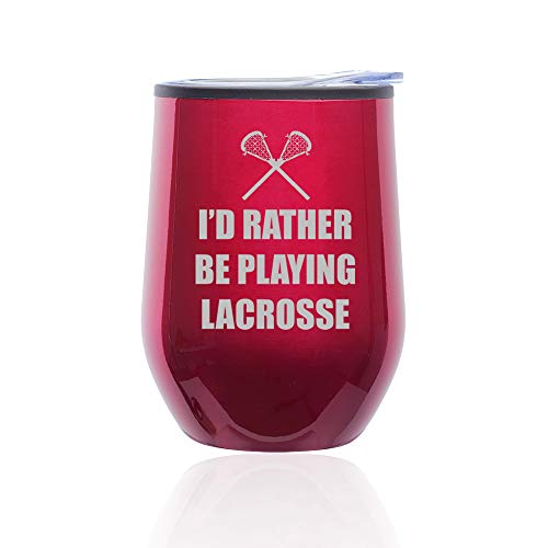 Stemless Wine Tumbler Coffee Travel Mug Glass With Lid I'd Rather Be Playing Lacrosse (Fuchsia)