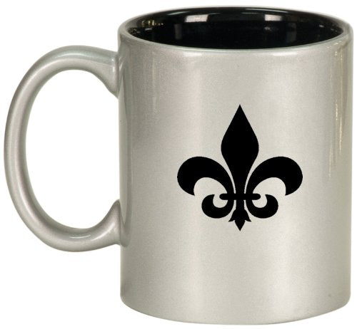 Fleur de lis Ceramic Coffee Tea Mug Cup Silver Black