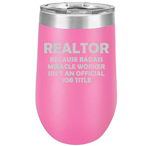 16 oz Double Wall Vacuum Insulated Stainless Steel Stemless Wine Tumbler Glass Coffee Travel Mug With Lid Realtor Real Estate Agent Broker Miracle Worker Job Title Funny (Hot Pink)