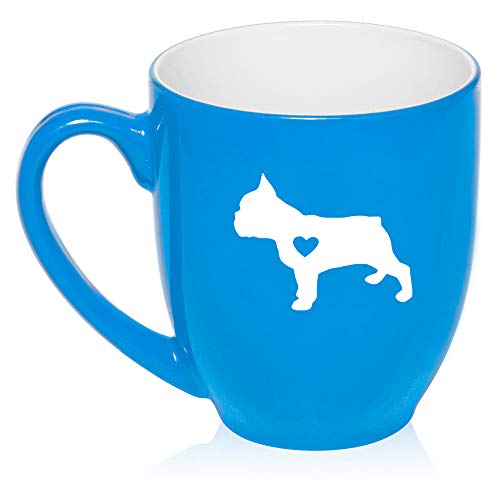 16 oz Large Bistro Mug Ceramic Coffee Tea Glass Cup Cute French Bulldog With Heart (Light-Blue)