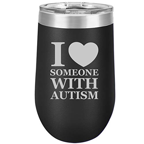 16 oz Double Wall Vacuum Insulated Stainless Steel Stemless Wine Tumbler Glass Coffee Travel Mug With Lid I Love Heart Someone With Autism