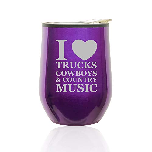 Stemless Wine Tumbler Coffee Travel Mug Glass With Lid Love Trucks Cowboys Country Music (Royal Purple)