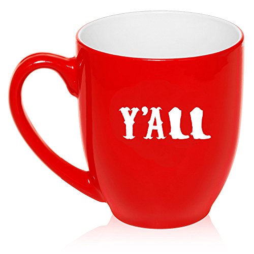 16 oz Large Bistro Mug Ceramic Coffee Tea Glass Cup Y'all Boots Country Cowgirl (Red)
