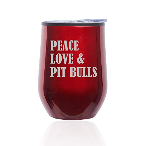 Stemless Wine Tumbler Coffee Travel Mug Glass With Lid Peace Love & Pit Bulls (Red)