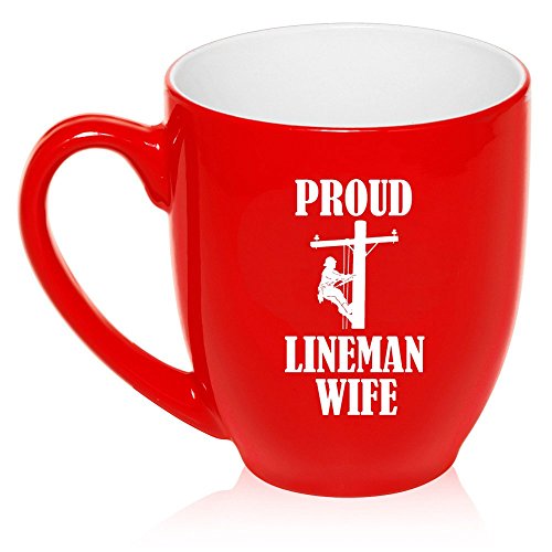 16 oz Large Bistro Mug Ceramic Coffee Tea Glass Cup Proud Lineman Wife (Red)