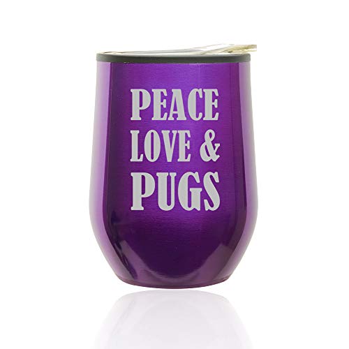 Stemless Wine Tumbler Coffee Travel Mug Glass With Lid Peace Love & Pugs (Royal Purple)