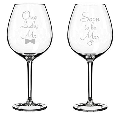 Set of 2 Wine Glasses Wedding Engagement Soon to be Mrs. One Lucky Mr. (20 oz Jumbo)