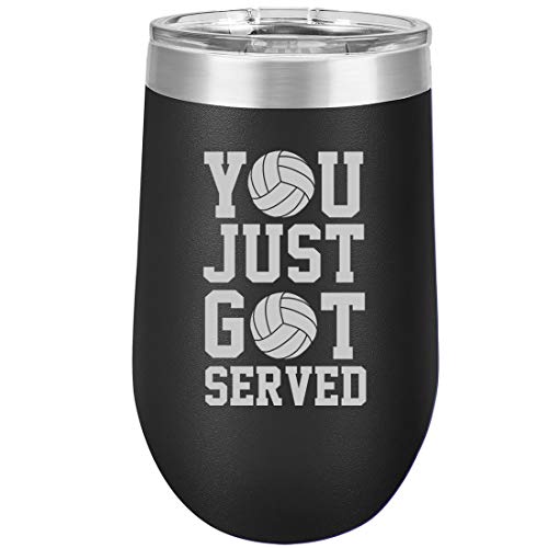 16 oz Double Wall Vacuum Insulated Stainless Steel Stemless Wine Tumbler Glass Coffee Travel Mug With Lid You Just Got Served Volleyball (Black)