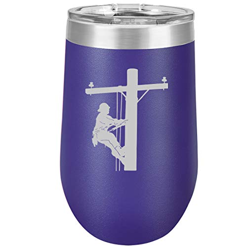 16 oz Double Wall Vacuum Insulated Stainless Steel Stemless Wine Tumbler Glass Coffee Travel Mug With Lid Lineman Electric Pole Climber (Purple)