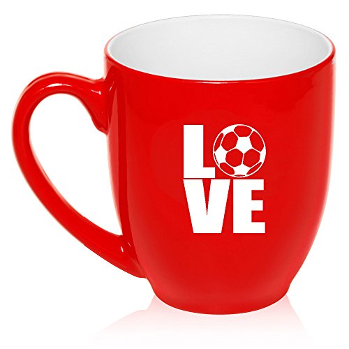 16 oz Large Bistro Mug Ceramic Coffee Tea Glass Cup Love Soccer (Red)