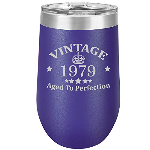 16 oz Double Wall Vacuum Insulated Stainless Steel Stemless Wine Tumbler Glass Coffee Travel Mug With Lid Vintage Aged To Perfection 1979 40th Birthday (Purple)