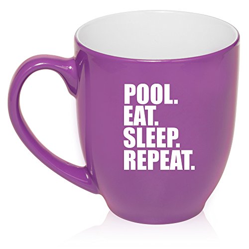 16 oz Large Bistro Mug Ceramic Coffee Tea Glass Cup Pool Eat Sleep Repeat (Purple)