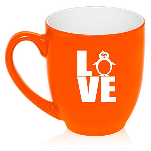 16 oz Large Bistro Mug Ceramic Coffee Tea Glass Cup Love Penguin (Orange)